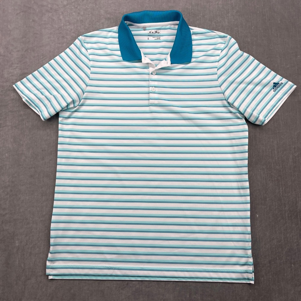 Adidas‎ Mens Large Teal White Striped Golf Polo Shirt Short Sleeve Performance